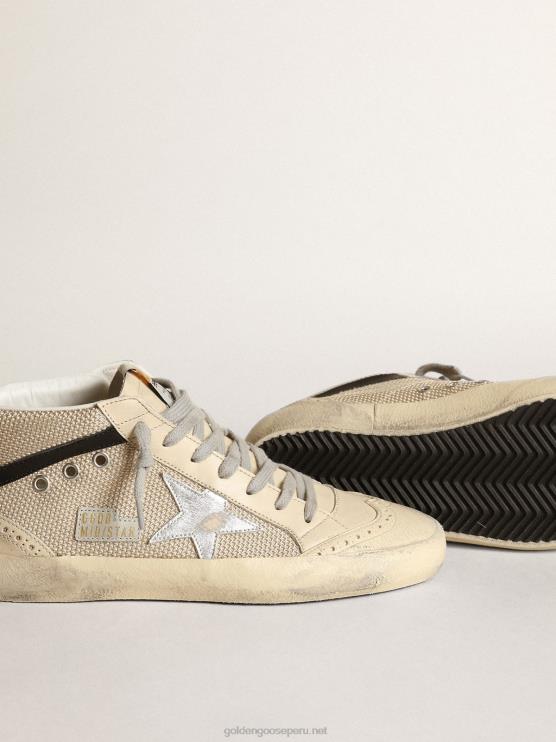 FDVPX14 Golden Goose mujer Zapatillas deportivas mid star ltd de malla color crema con estrella de piel plateada metalizada y flash de piel negra
