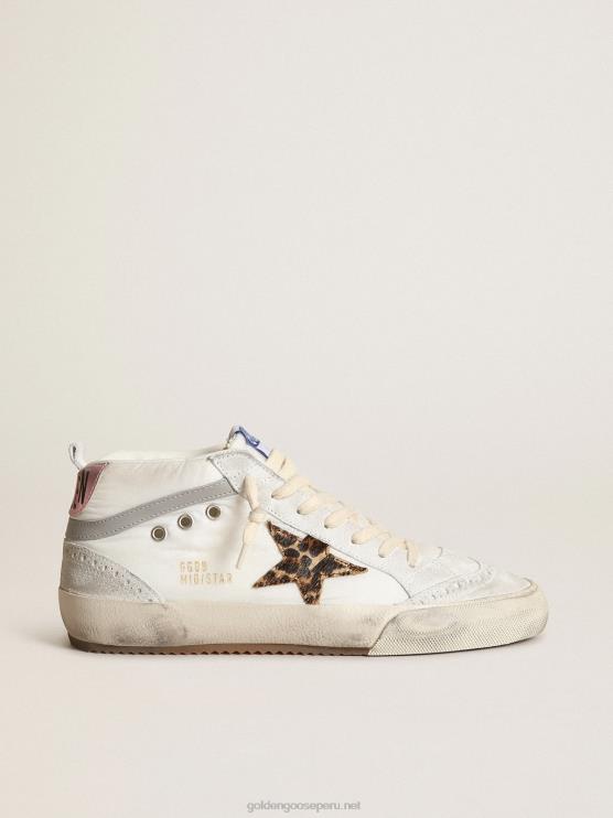 FDVPX17 Golden Goose mujer Zapatillas mid star ltd de nailon blanco con estrella de piel de potro con estampado de leopardo y refuerzo del talón de piel rosa metalizada