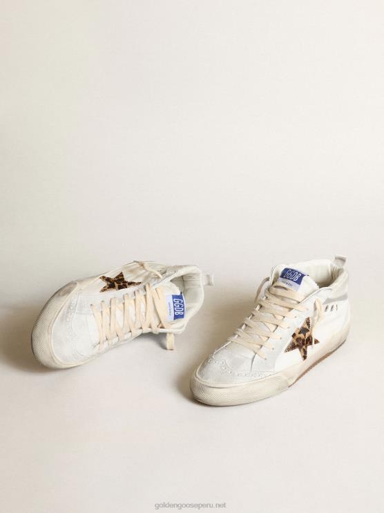 FDVPX17 Golden Goose mujer Zapatillas mid star ltd de nailon blanco con estrella de piel de potro con estampado de leopardo y refuerzo del talón de piel rosa metalizada