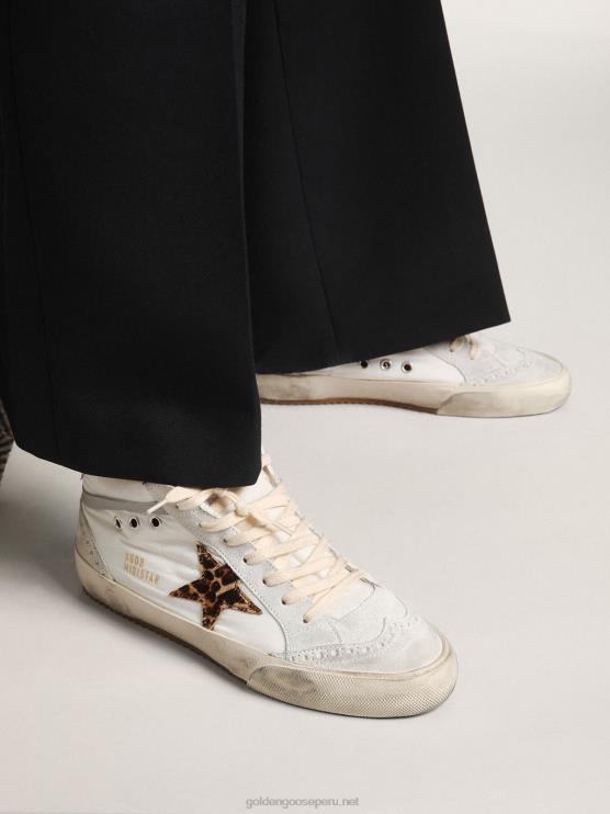 FDVPX17 Golden Goose mujer Zapatillas mid star ltd de nailon blanco con estrella de piel de potro con estampado de leopardo y refuerzo del talón de piel rosa metalizada