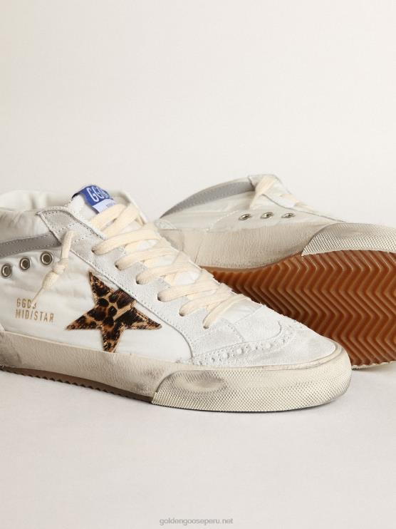 FDVPX17 Golden Goose mujer Zapatillas mid star ltd de nailon blanco con estrella de piel de potro con estampado de leopardo y refuerzo del talón de piel rosa metalizada