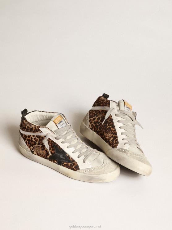 FDVPX180 Golden Goose mujer zapatillas mid star de piel de potro con estampado de leopardo, estrella de piel negra y flash de piel laminada plateada