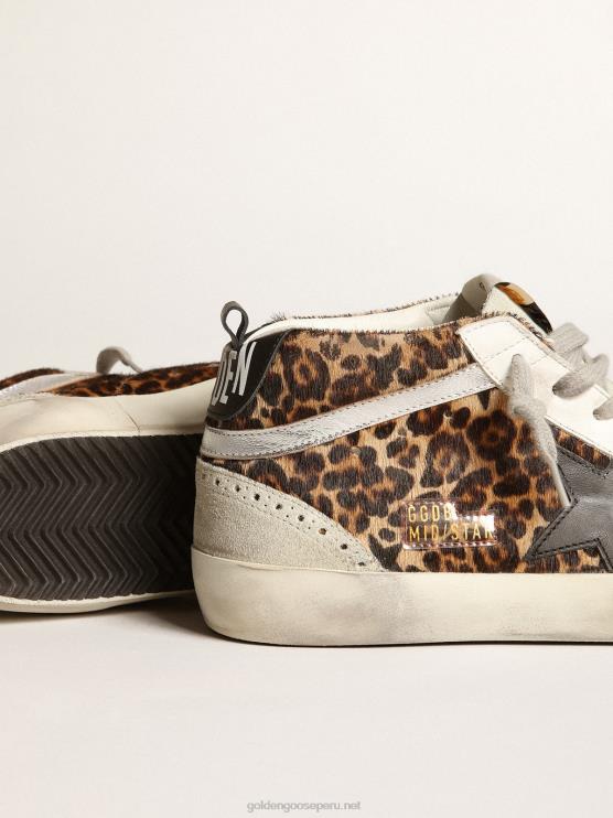 FDVPX180 Golden Goose mujer zapatillas mid star de piel de potro con estampado de leopardo, estrella de piel negra y flash de piel laminada plateada