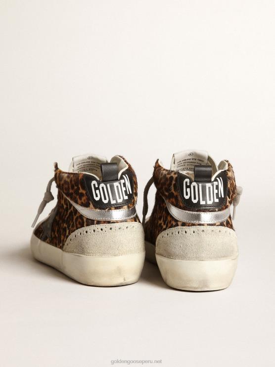 FDVPX180 Golden Goose mujer zapatillas mid star de piel de potro con estampado de leopardo, estrella de piel negra y flash de piel laminada plateada
