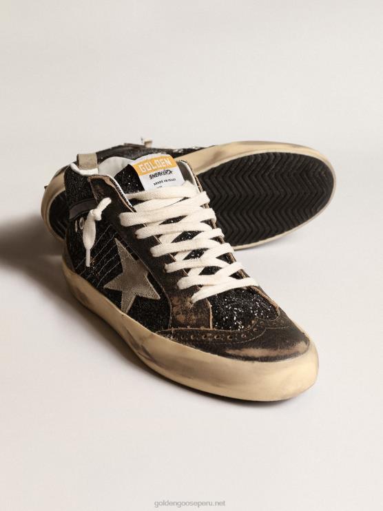 FDVPX222 Golden Goose mujer estrella media en brillo negro con estrella de ante gris paloma y refuerzo en el talón