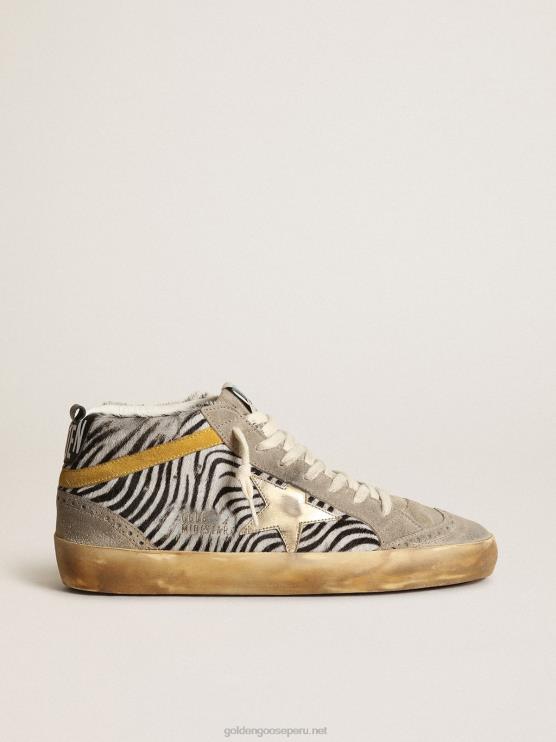 FDVPX22 Golden Goose mujer Deportivas mid star de piel de potro con estampado de cebra, estrella de piel metalizada dorada y destello de ante color mostaza