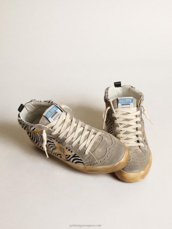 FDVPX22 Golden Goose mujer Deportivas mid star de piel de potro con estampado de cebra, estrella de piel metalizada dorada y destello de ante color mostaza