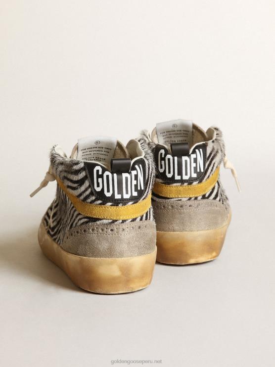 FDVPX22 Golden Goose mujer Deportivas mid star de piel de potro con estampado de cebra, estrella de piel metalizada dorada y destello de ante color mostaza