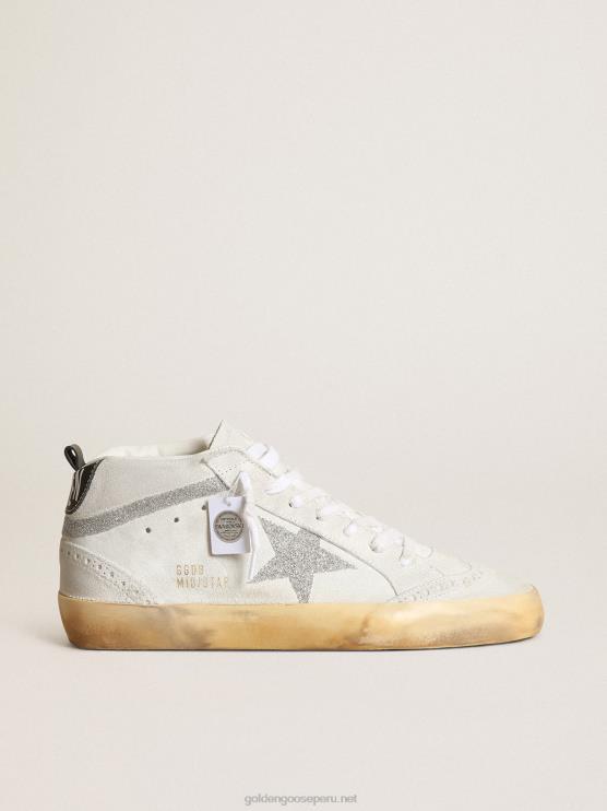 FDVPX37 Golden Goose mujer Deportivas mid star de ante blanco con estrella y flash de microcristales de swarovski plateados