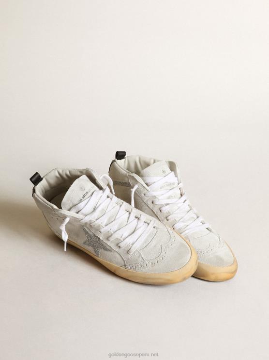 FDVPX37 Golden Goose mujer Deportivas mid star de ante blanco con estrella y flash de microcristales de swarovski plateados