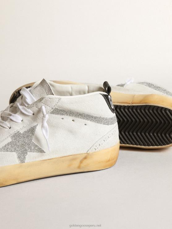FDVPX37 Golden Goose mujer Deportivas mid star de ante blanco con estrella y flash de microcristales de swarovski plateados
