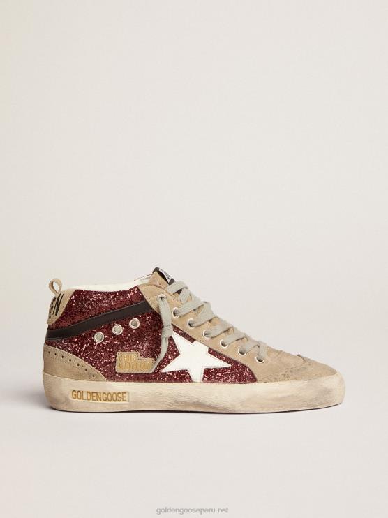 FDVPX74 Golden Goose mujer zapatillas mid star en purpurina burdeos con inserciones en gris tórtola y estrella blanca