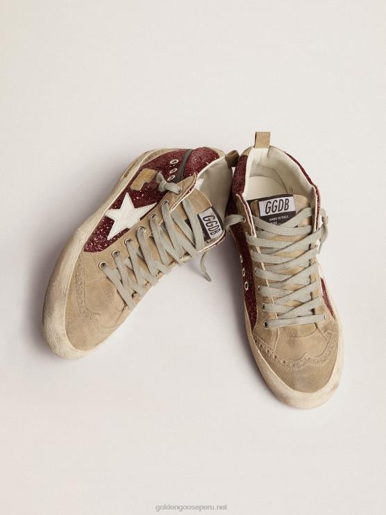 FDVPX74 Golden Goose mujer zapatillas mid star en purpurina burdeos con inserciones en gris tórtola y estrella blanca