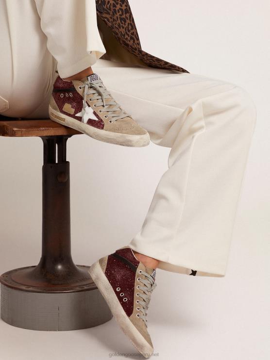FDVPX74 Golden Goose mujer zapatillas mid star en purpurina burdeos con inserciones en gris tórtola y estrella blanca