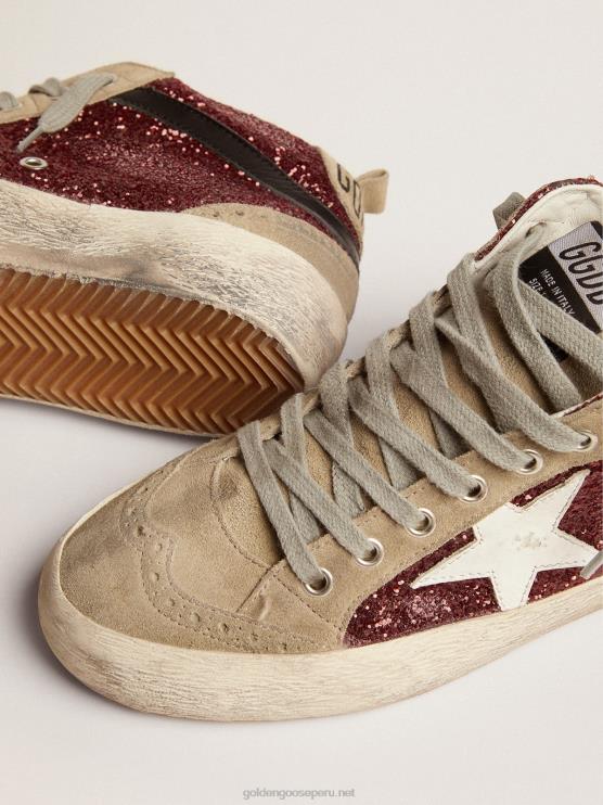 FDVPX74 Golden Goose mujer zapatillas mid star en purpurina burdeos con inserciones en gris tórtola y estrella blanca