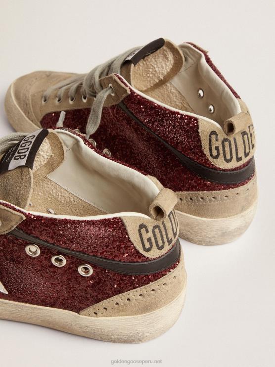FDVPX74 Golden Goose mujer zapatillas mid star en purpurina burdeos con inserciones en gris tórtola y estrella blanca