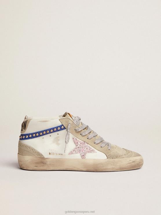 FDVPX77 Golden Goose mujer zapatillas mid star ltd con estrella de purpurina blanca y rosa y flash de piel azul con tachuelas doradas