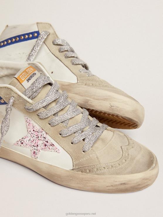 FDVPX77 Golden Goose mujer zapatillas mid star ltd con estrella de purpurina blanca y rosa y flash de piel azul con tachuelas doradas