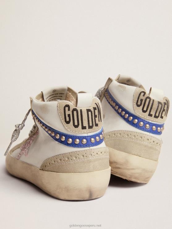 FDVPX77 Golden Goose mujer zapatillas mid star ltd con estrella de purpurina blanca y rosa y flash de piel azul con tachuelas doradas