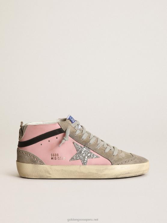 FDVPX81 Golden Goose mujer Zapatillas mid star ltd de piel rosa con estrella de purpurina plateada y flash de piel negra