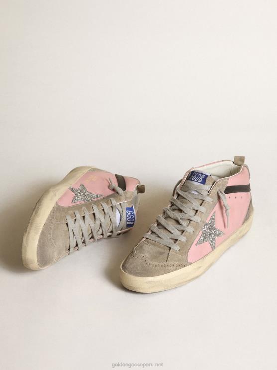 FDVPX81 Golden Goose mujer Zapatillas mid star ltd de piel rosa con estrella de purpurina plateada y flash de piel negra