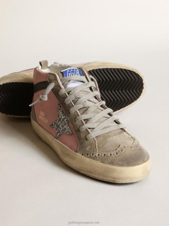 FDVPX81 Golden Goose mujer Zapatillas mid star ltd de piel rosa con estrella de purpurina plateada y flash de piel negra
