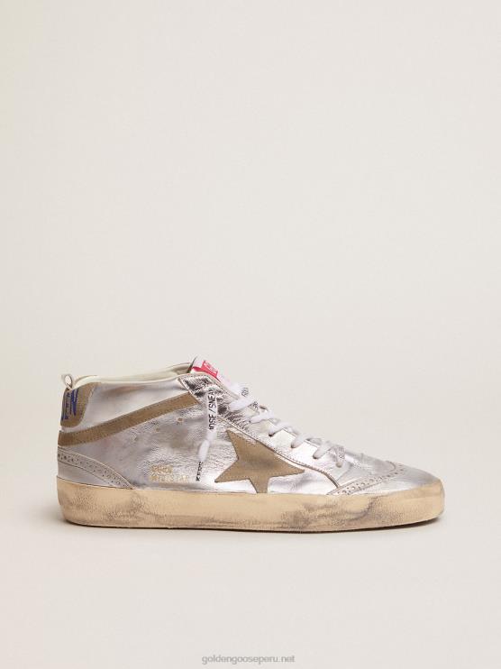 FDVPX85 Golden Goose mujer Zapatillas mid star de piel plateada metalizada con estrella y flash de ante gris tórtola
