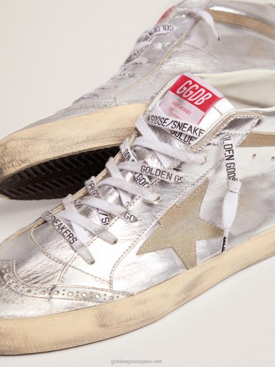 FDVPX85 Golden Goose mujer Zapatillas mid star de piel plateada metalizada con estrella y flash de ante gris tórtola