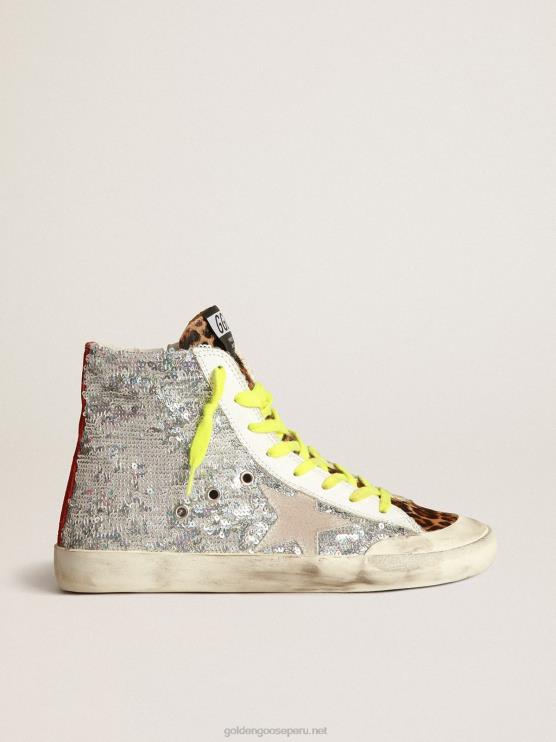FDVPX32 Golden Goose mujer zapatillas francy con lentejuelas plateadas y piel de potro con estampado de leopardo
