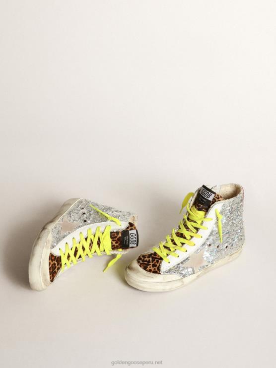 FDVPX32 Golden Goose mujer zapatillas francy con lentejuelas plateadas y piel de potro con estampado de leopardo