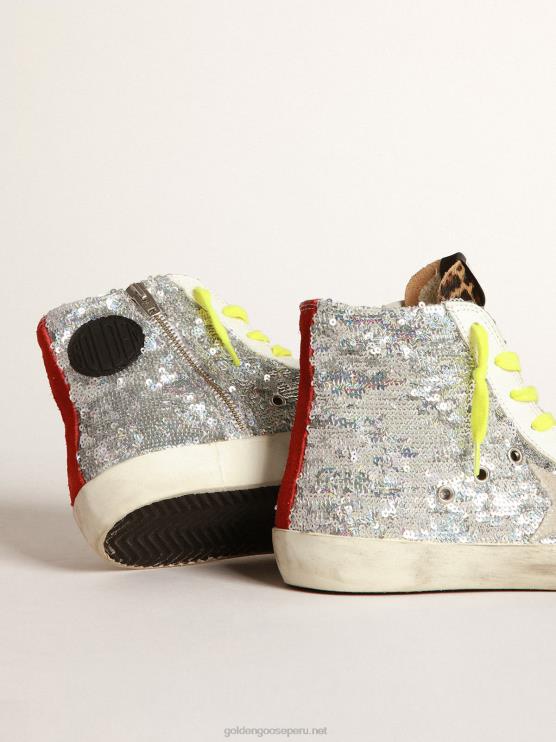 FDVPX32 Golden Goose mujer zapatillas francy con lentejuelas plateadas y piel de potro con estampado de leopardo