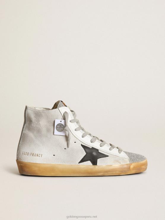 FDVPX38 Golden Goose mujer Zapatillas francy de ante blanco con lengüeta de microcristales de swarovski y estrella de piel negra
