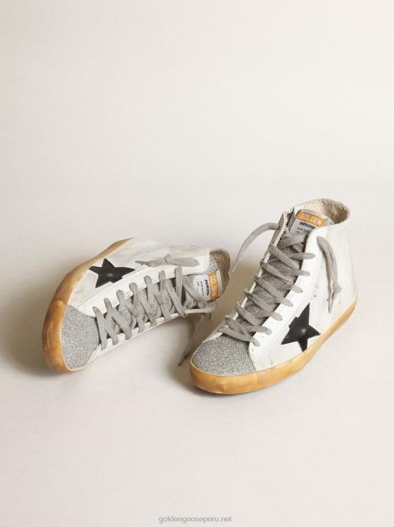 FDVPX38 Golden Goose mujer Zapatillas francy de ante blanco con lengüeta de microcristales de swarovski y estrella de piel negra