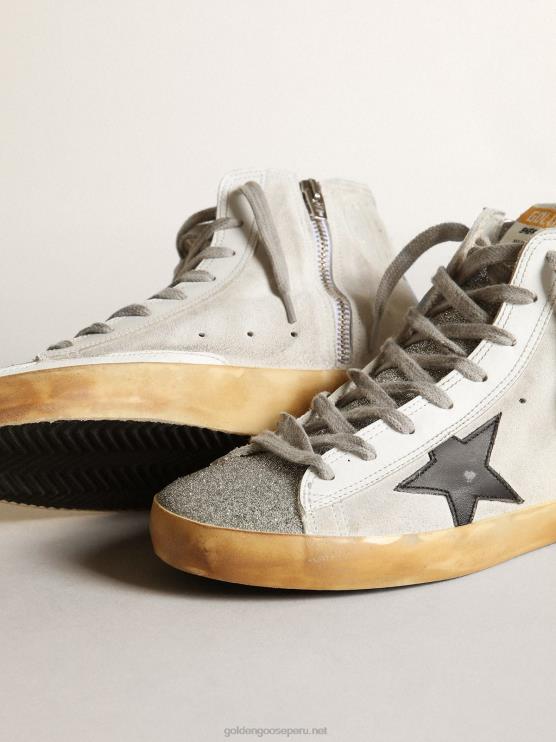 FDVPX38 Golden Goose mujer Zapatillas francy de ante blanco con lengüeta de microcristales de swarovski y estrella de piel negra