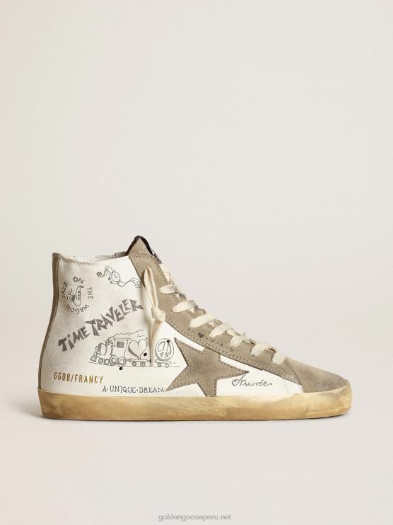 FDVPX44 Golden Goose mujer zapatillas francy con inserciones de ante gris paloma y letras negras por toda la superficie