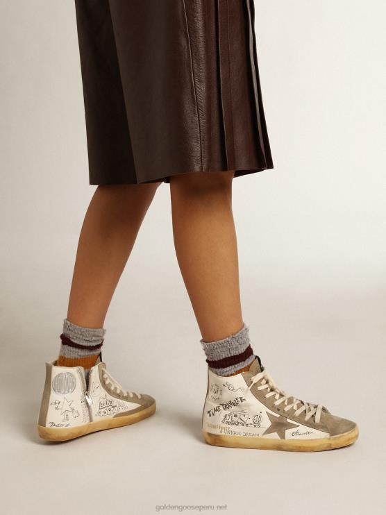 FDVPX44 Golden Goose mujer zapatillas francy con inserciones de ante gris paloma y letras negras por toda la superficie