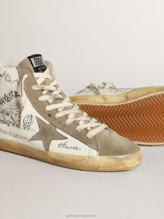 FDVPX44 Golden Goose mujer zapatillas francy con inserciones de ante gris paloma y letras negras por toda la superficie