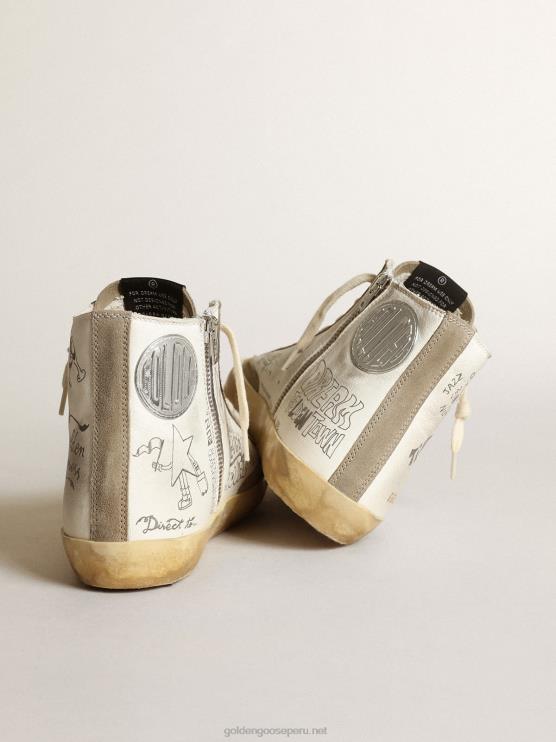 FDVPX44 Golden Goose mujer zapatillas francy con inserciones de ante gris paloma y letras negras por toda la superficie
