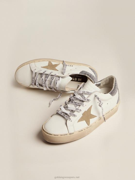 FDVPX251 Golden Goose mujer zapatillas hi star con estrella de ante gris paloma y refuerzo en el talón con microcristales de swarovski