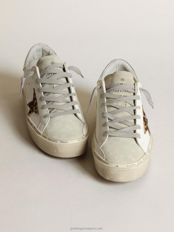 FDVPX253 Golden Goose mujer zapatillas hi star con estrella de piel de potro con estampado de leopardo y refuerzo del talón de piel plateada metalizada