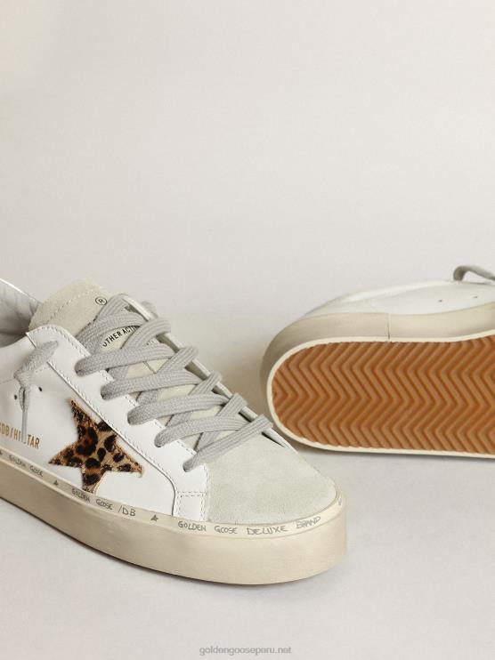 FDVPX253 Golden Goose mujer zapatillas hi star con estrella de piel de potro con estampado de leopardo y refuerzo del talón de piel plateada metalizada