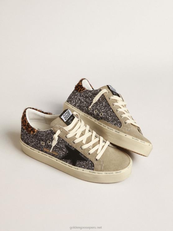 FDVPX258 Golden Goose mujer hola estrella en brillo gris oscuro con una estrella de cuero negro