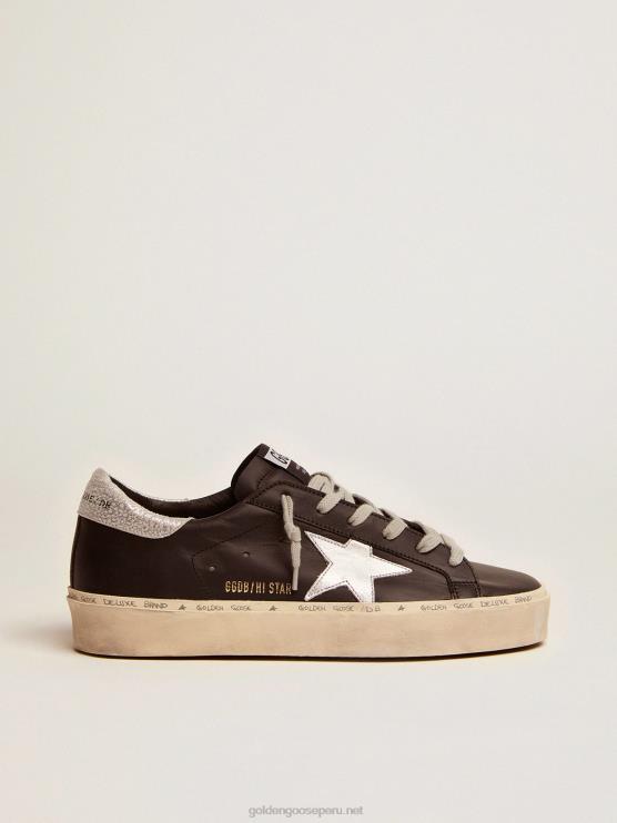 FDVPX80 Golden Goose mujer zapatillas hi star de piel negra con estrella de piel laminada plateada