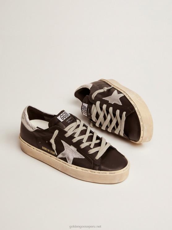 FDVPX80 Golden Goose mujer zapatillas hi star de piel negra con estrella de piel laminada plateada