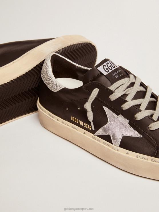 FDVPX80 Golden Goose mujer zapatillas hi star de piel negra con estrella de piel laminada plateada
