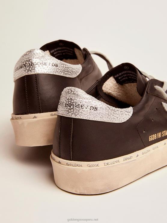 FDVPX80 Golden Goose mujer zapatillas hi star de piel negra con estrella de piel laminada plateada