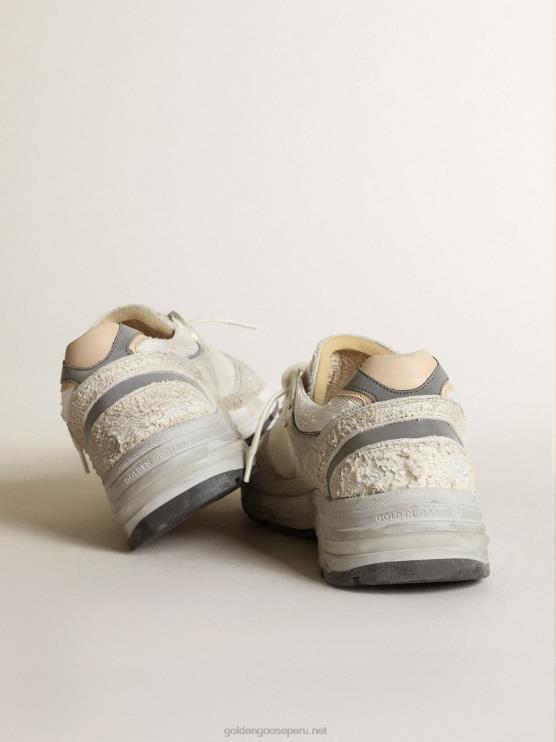 FDVPX5 Golden Goose mujer Zapatillas deportivas dad-star de malla blanca y ante con estrella de piel blanca y refuerzo del talón de piel beige