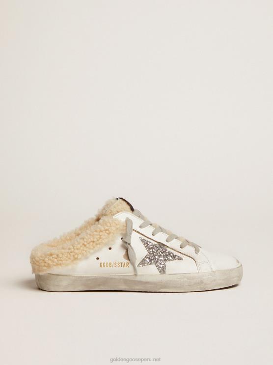 FDVPX117 Golden Goose mujer zuecos superestrella de piel blanca con estrella de purpurina plateada y forro de borrego