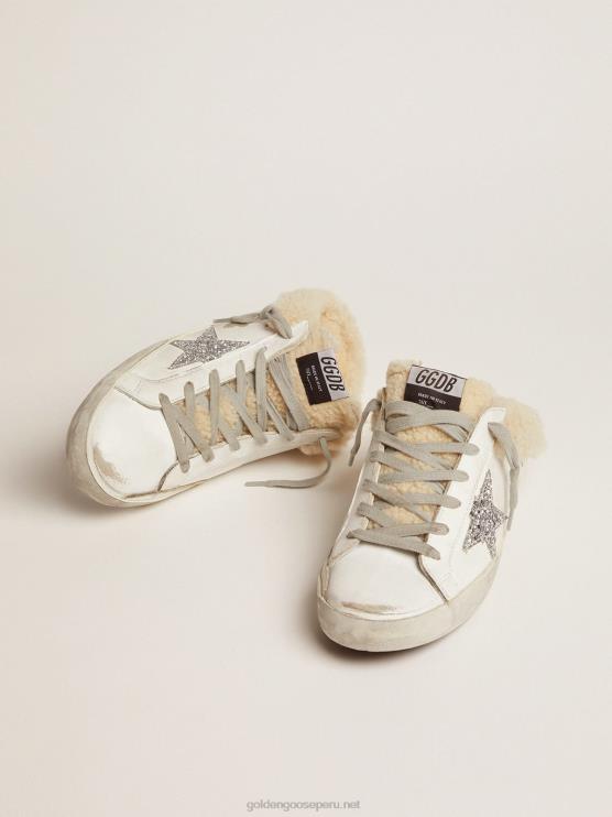 FDVPX117 Golden Goose mujer zuecos superestrella de piel blanca con estrella de purpurina plateada y forro de borrego