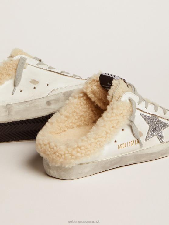 FDVPX117 Golden Goose mujer zuecos superestrella de piel blanca con estrella de purpurina plateada y forro de borrego